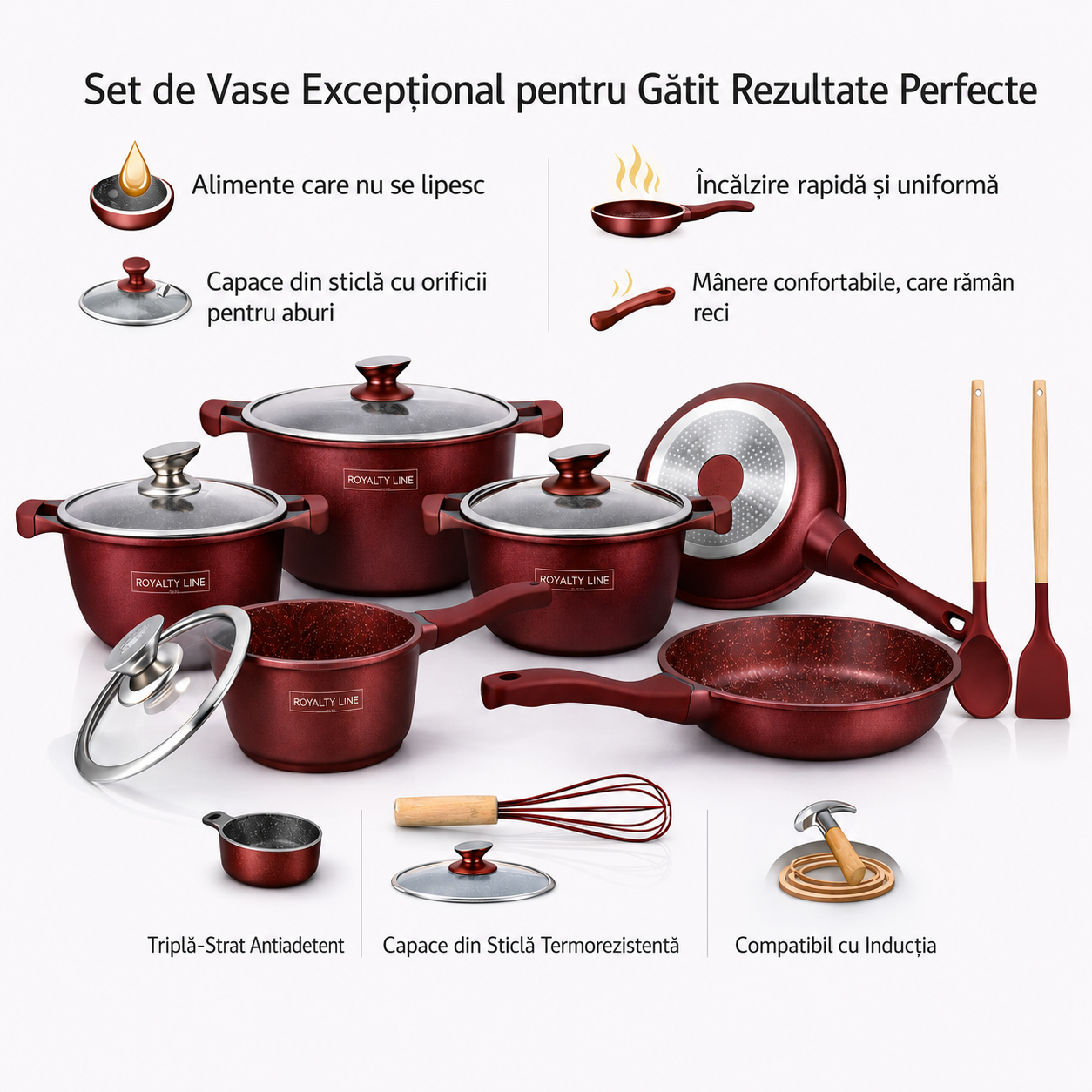 Set Vase de Gatit Royalty Line, 14 Piese, Marmura Antiaderenta, Burgundi, Compatibil Inductie