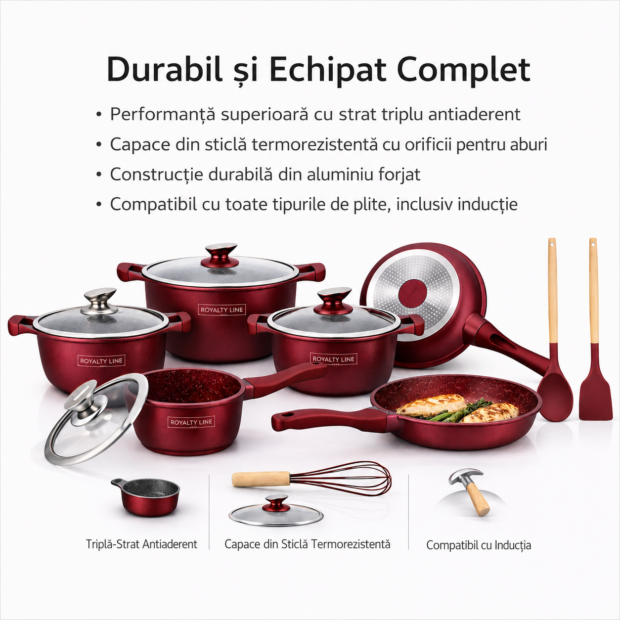 Set Vase de Gatit Royalty Line, 14 Piese, Marmura Antiaderenta, Burgundi, Compatibil Inductie