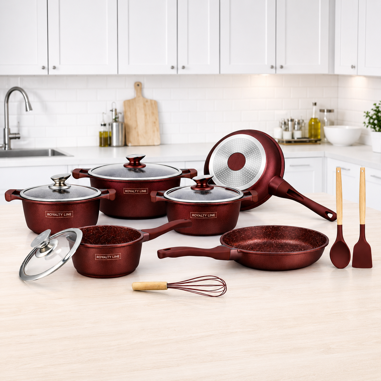 Set Vase de Gatit Royalty Line, 14 Piese, Marmura Antiaderenta, Burgundi, Compatibil Inductie