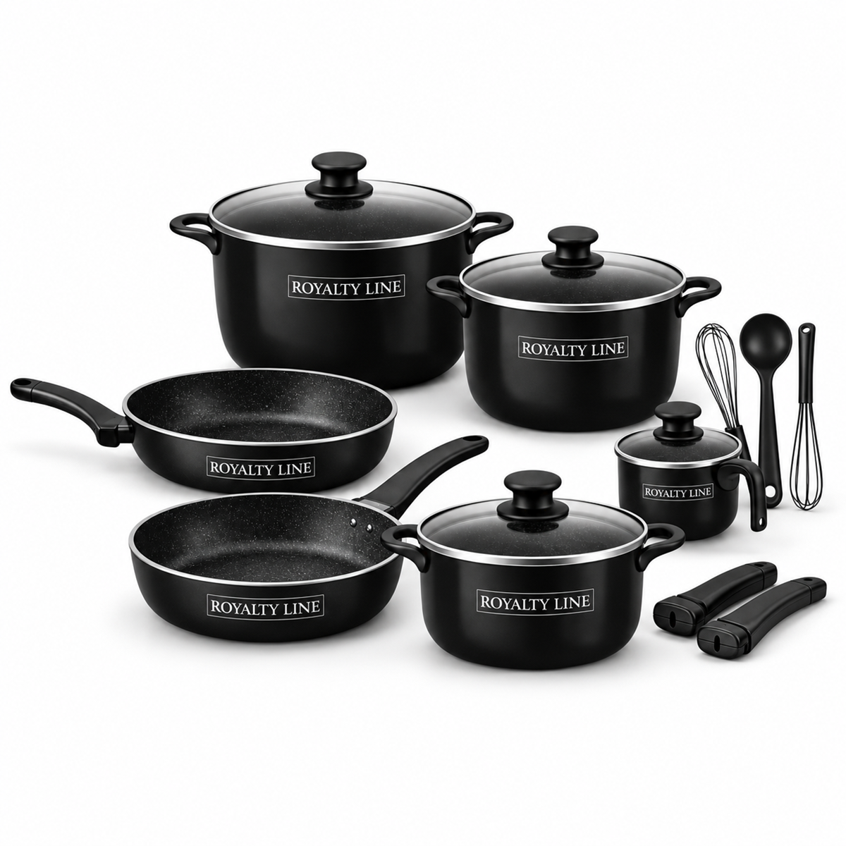 Set Vase de Gatit Royalty Line, 17 Piese, Marmura Antiaderenta, Mat Black, Compatibil Inductie