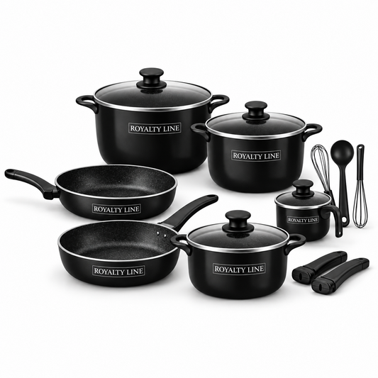 Set Vase de Gatit Royalty Line, 17 Piese, Marmura Antiaderenta, Mat Black, Compatibil Inductie