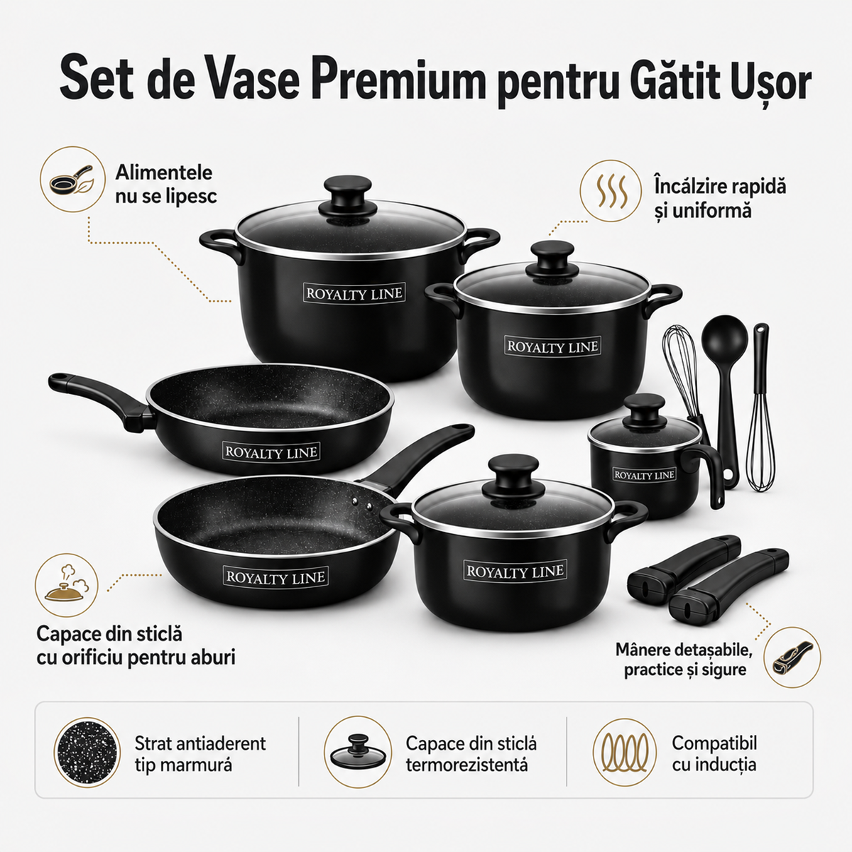 Set Vase de Gatit Royalty Line, 17 Piese, Marmura Antiaderenta, Mat Black, Compatibil Inductie