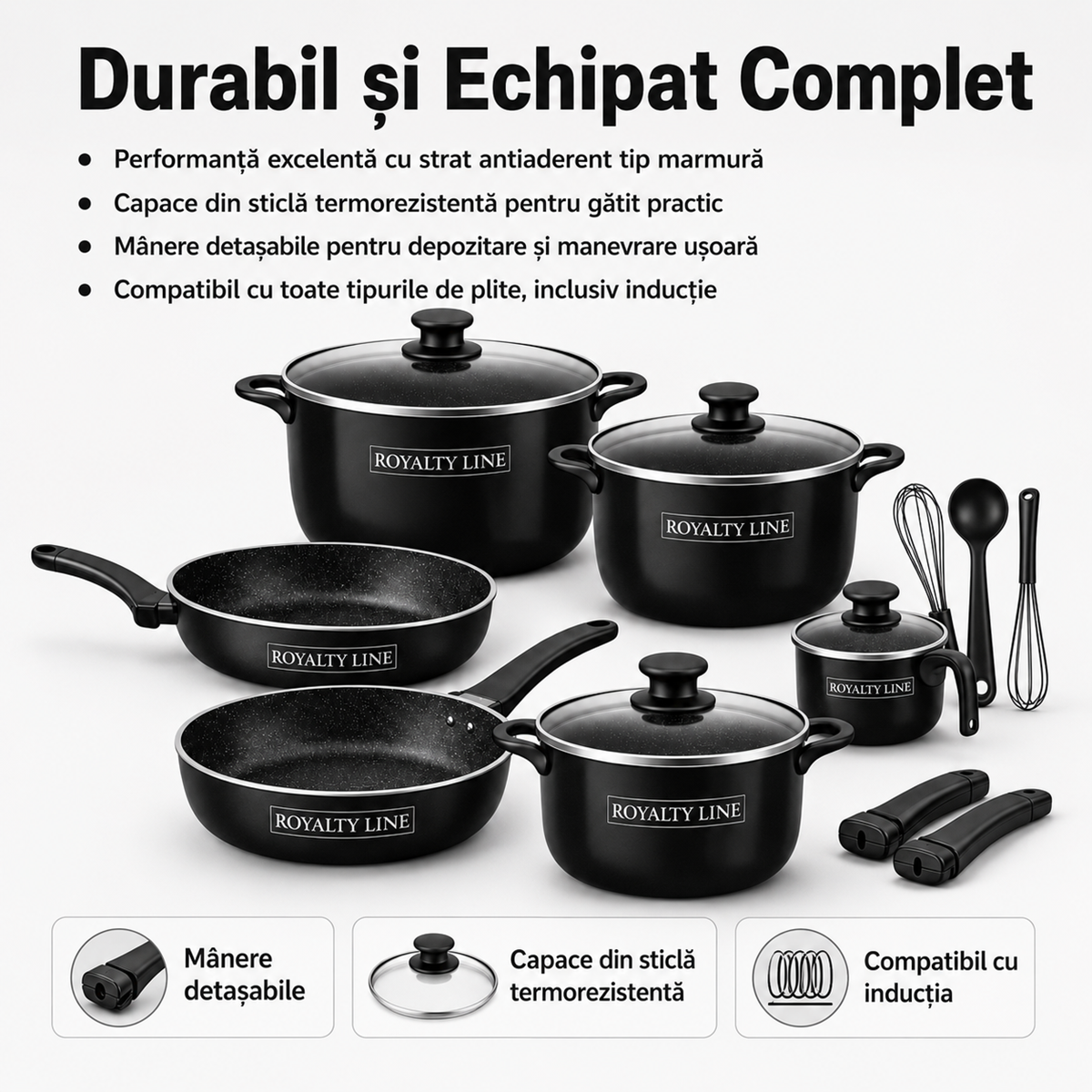 Set Vase de Gatit Royalty Line, 17 Piese, Marmura Antiaderenta, Mat Black, Compatibil Inductie