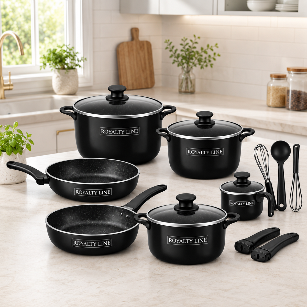 Set Vase de Gatit Royalty Line, 17 Piese, Marmura Antiaderenta, Mat Black, Compatibil Inductie