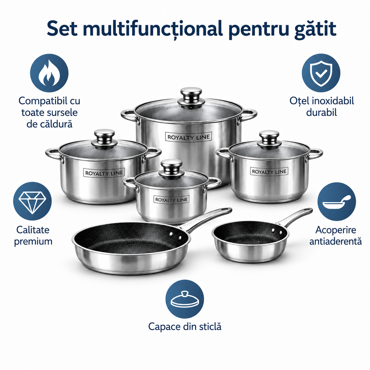 Set Vase de Gatit Royalty Line, 10 Piese, Inox, Capace Sticla, Compatibil Inductie