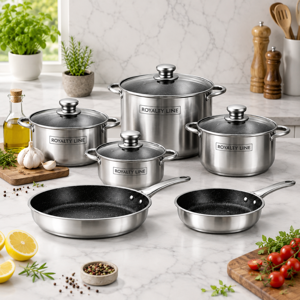 Set Vase de Gatit Royalty Line, 10 Piese, Inox, Capace Sticla, Compatibil Inductie