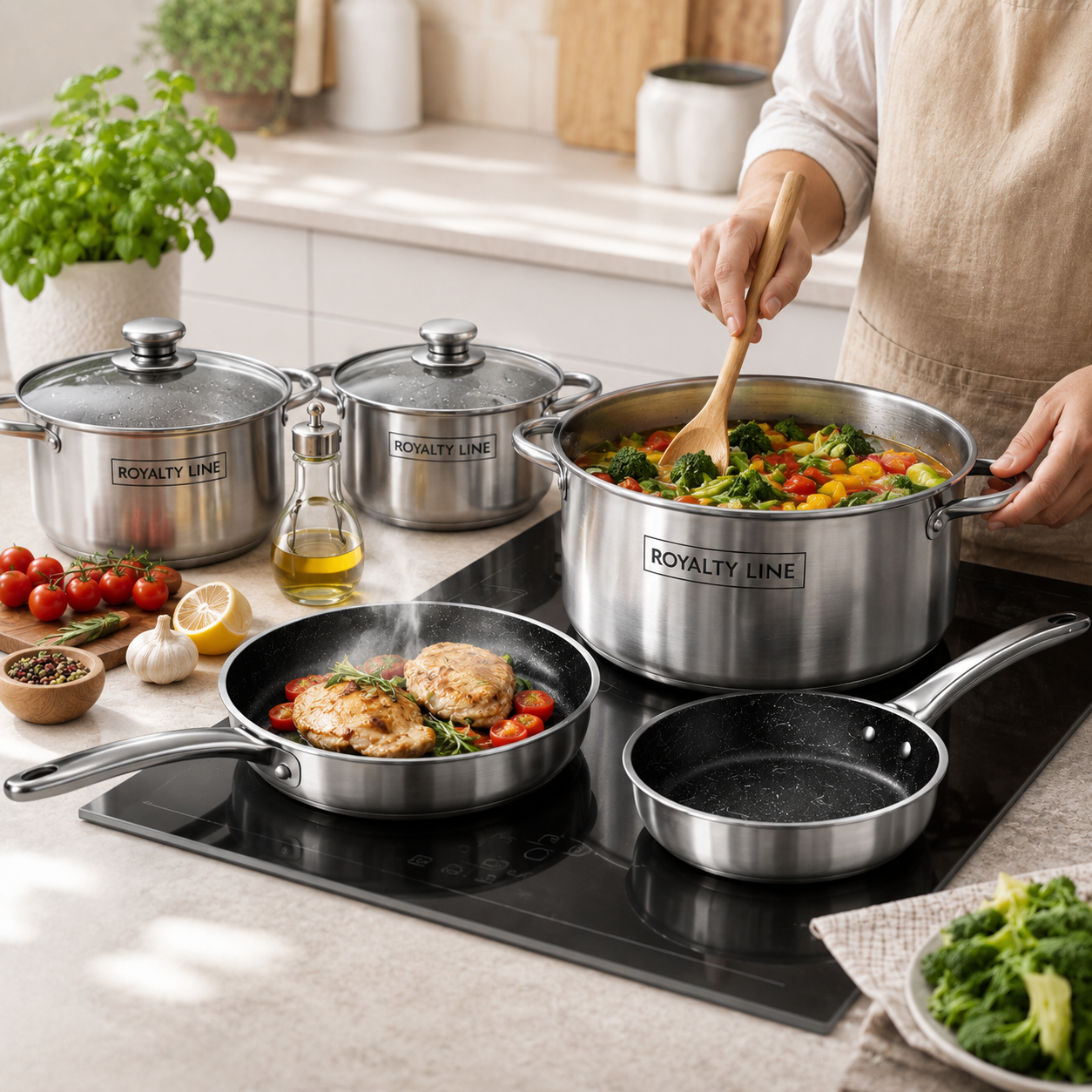 Set Vase de Gatit Royalty Line, 10 Piese, Inox, Capace Sticla, Compatibil Inductie