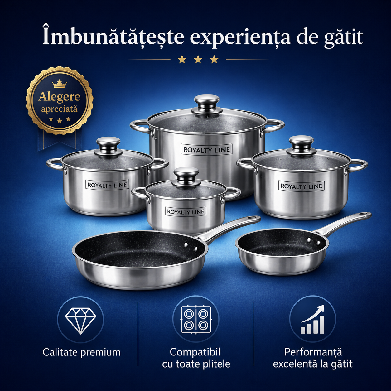 Set Vase de Gatit Royalty Line, 10 Piese, Inox, Capace Sticla, Compatibil Inductie