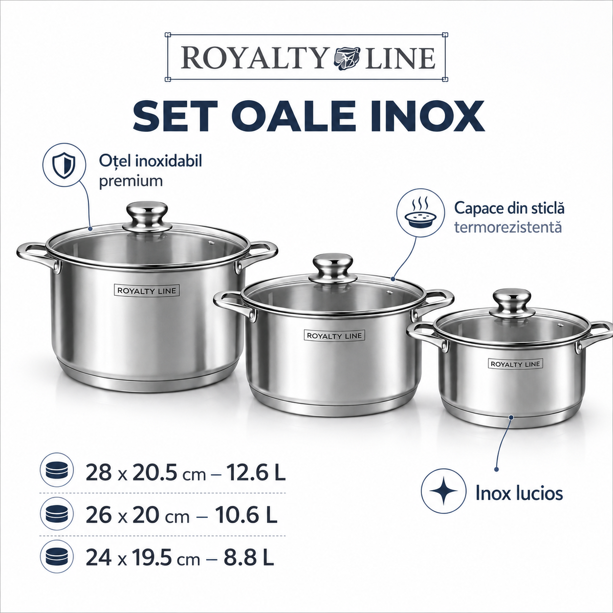 Set 3 oale cu capace, 8.8L, 10.6L, 12.6L  Royalty Line Inox Inductie