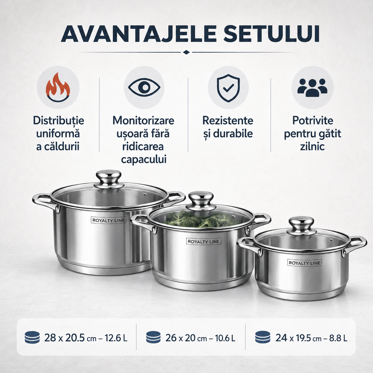Set 3 oale cu capace, 8.8L, 10.6L, 12.6L  Royalty Line Inox Inductie