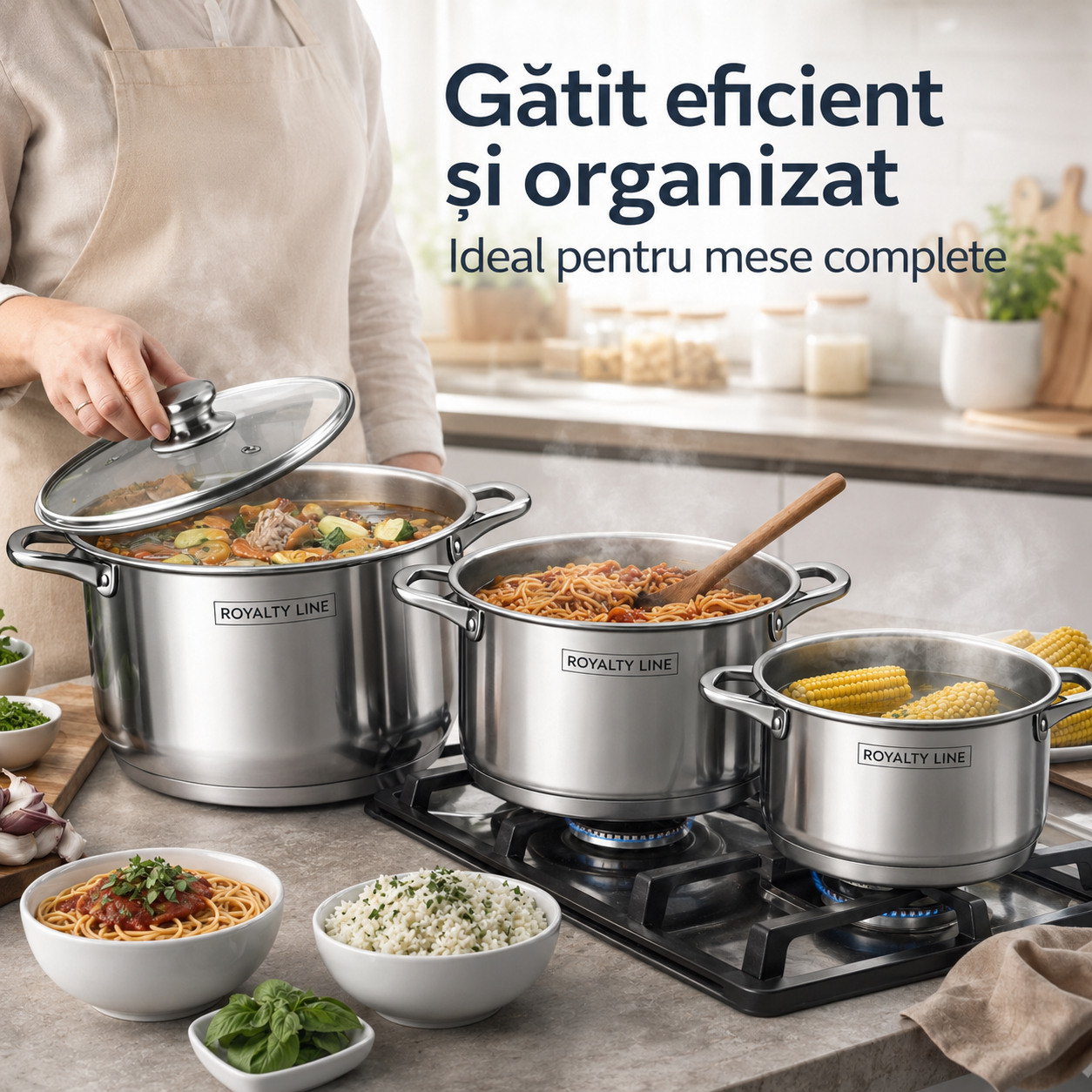 Set 3 oale cu capace, 8.8L, 10.6L, 12.6L  Royalty Line Inox Inductie