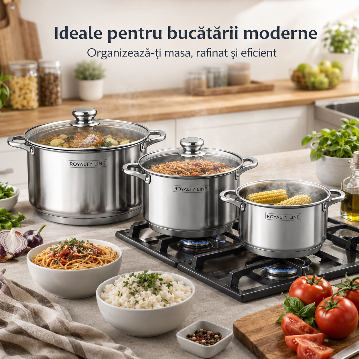 Set 3 oale cu capace, 8.8L, 10.6L, 12.6L  Royalty Line Inox Inductie