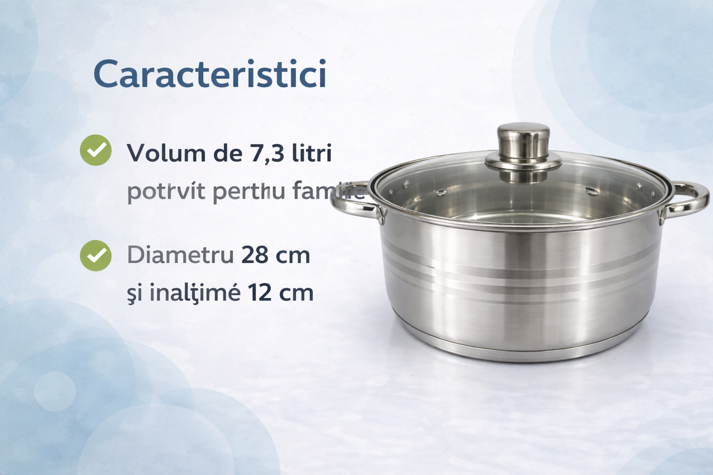 Cratita Inox 7.3L cu Capac Sticla, 28 cm, Pentru Gatit Zilnic