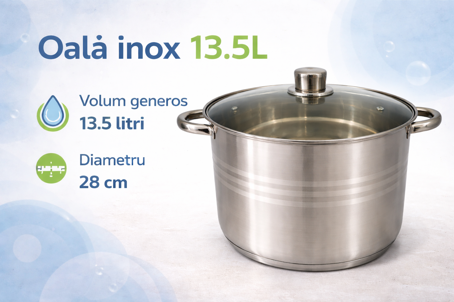 Oala Inox 13.5L cu Capac Sticla, 28 cm, Pentru Gatit Zilnic