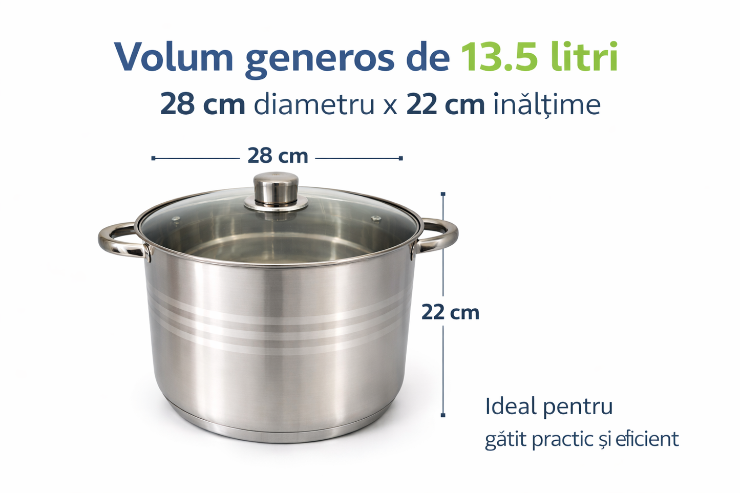 Oala Inox 13.5L cu Capac Sticla, 28 cm, Pentru Gatit Zilnic