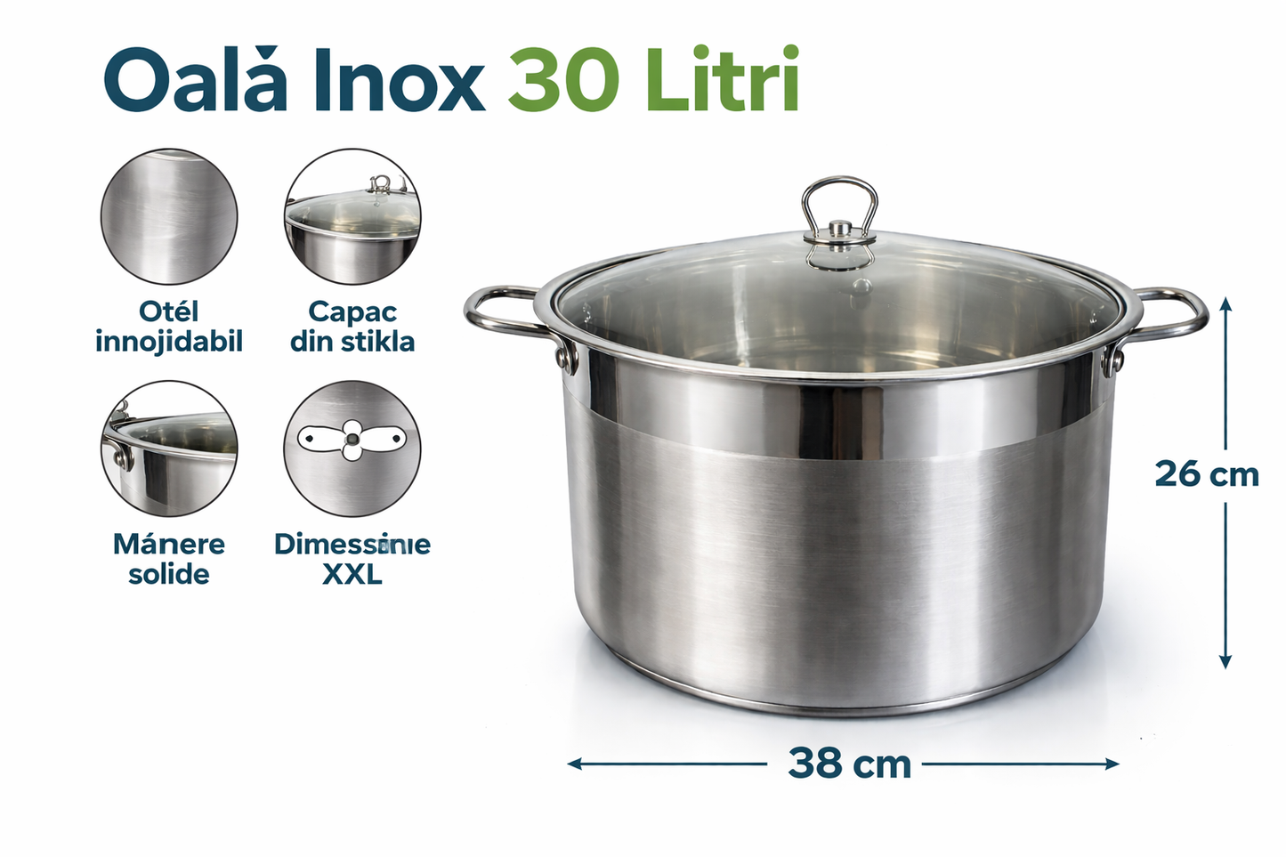 Oala Inox 30L, 38 x 26 cm, Capac Sticla Termorezistenta, Royalty Line