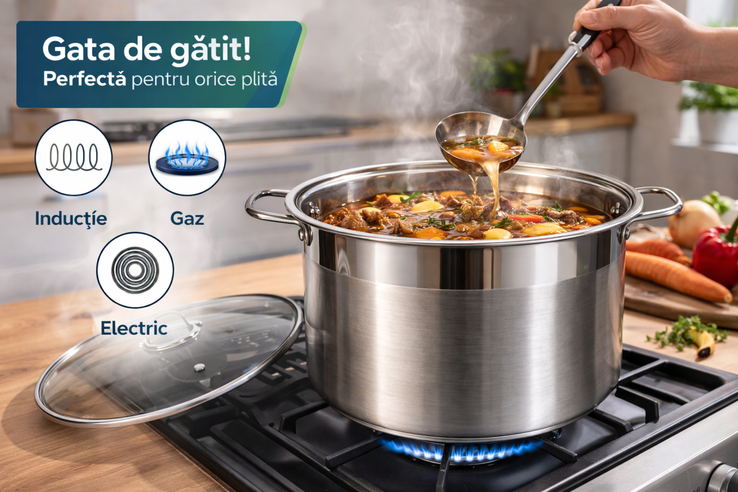 Oala Inox 30L, 38 x 26 cm, Capac Sticla Termorezistenta, Royalty Line