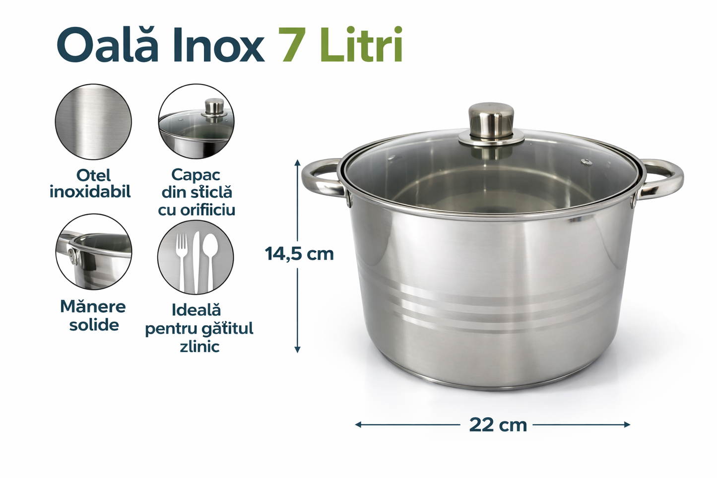 Oala Inox 7 Litri, 22 x 19 cm, Capac din Sticla Termorezistenta