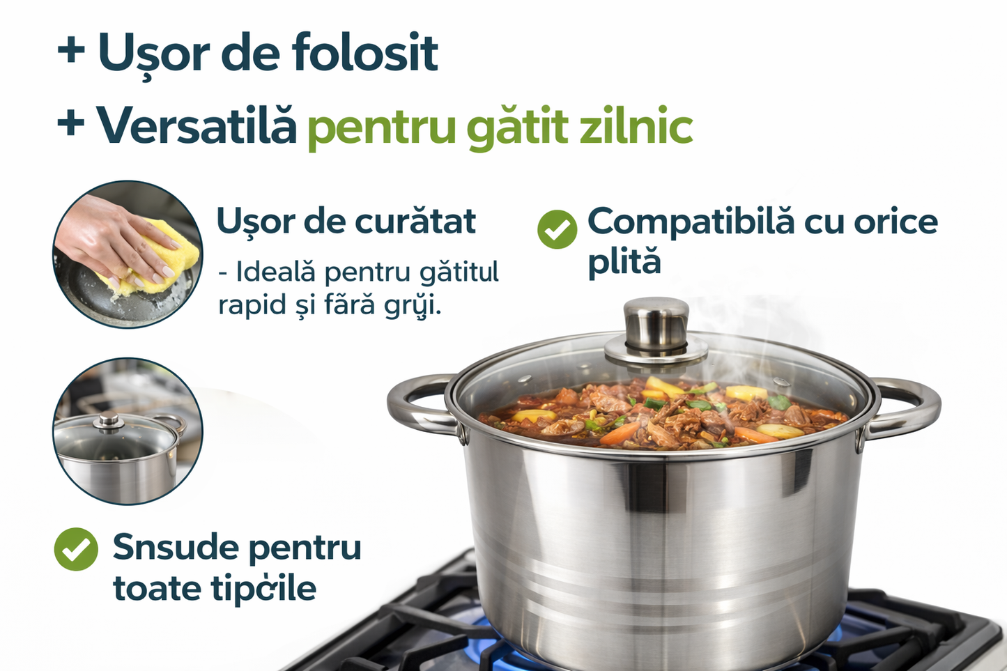 Oala Inox 7 Litri, 22 x 19 cm, Capac din Sticla Termorezistenta