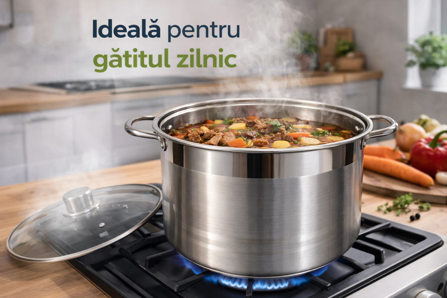 Oala Inox 7 Litri, 22 x 19 cm, Capac din Sticla Termorezistenta