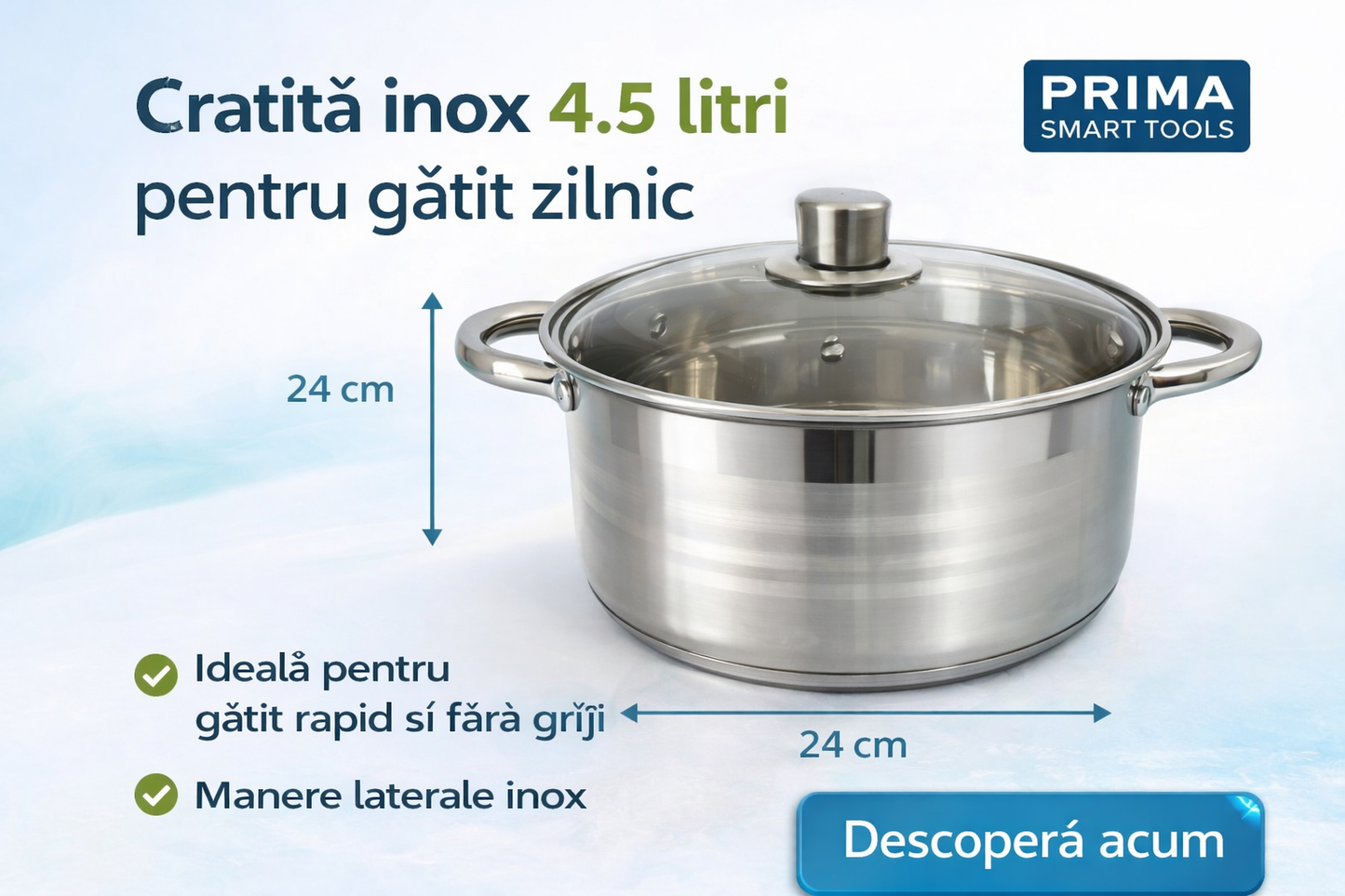 Cratita Inox 4.5 Litri, 24 x 10 cm, Capac Sticla Termorezistenta