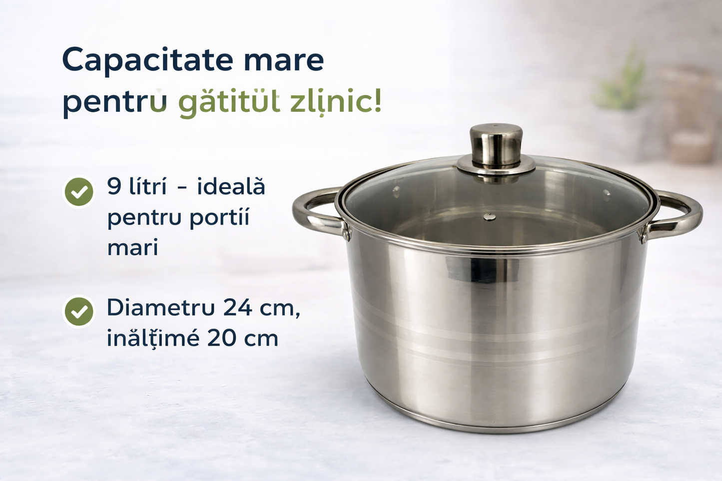 Oala Inox 9 Litri, 24 x 20 cm, Capac din Sticla Termorezistenta