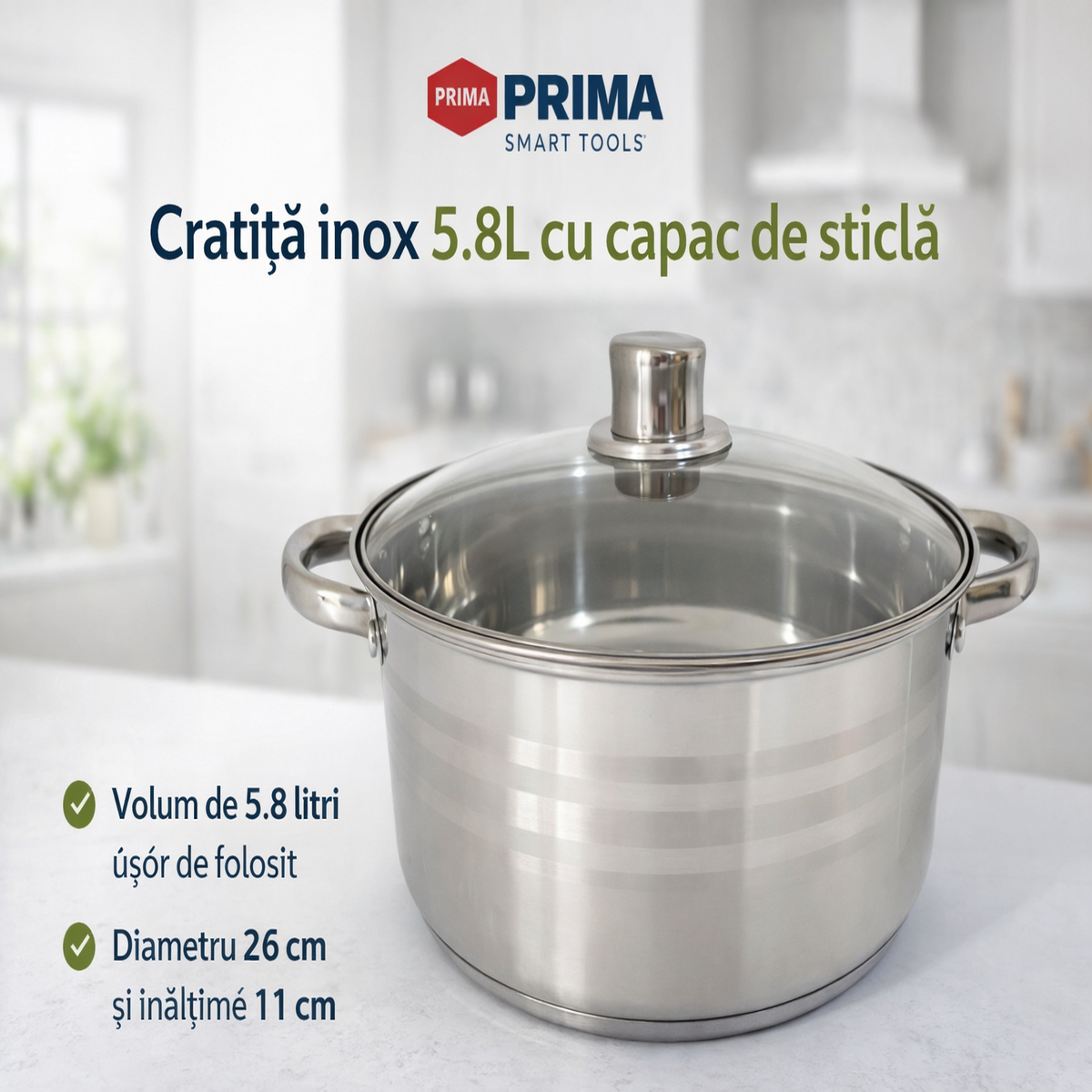 Cratita Inox 5.8 Litri, 26 x 11 cm, Capac din Sticla Termorezistenta