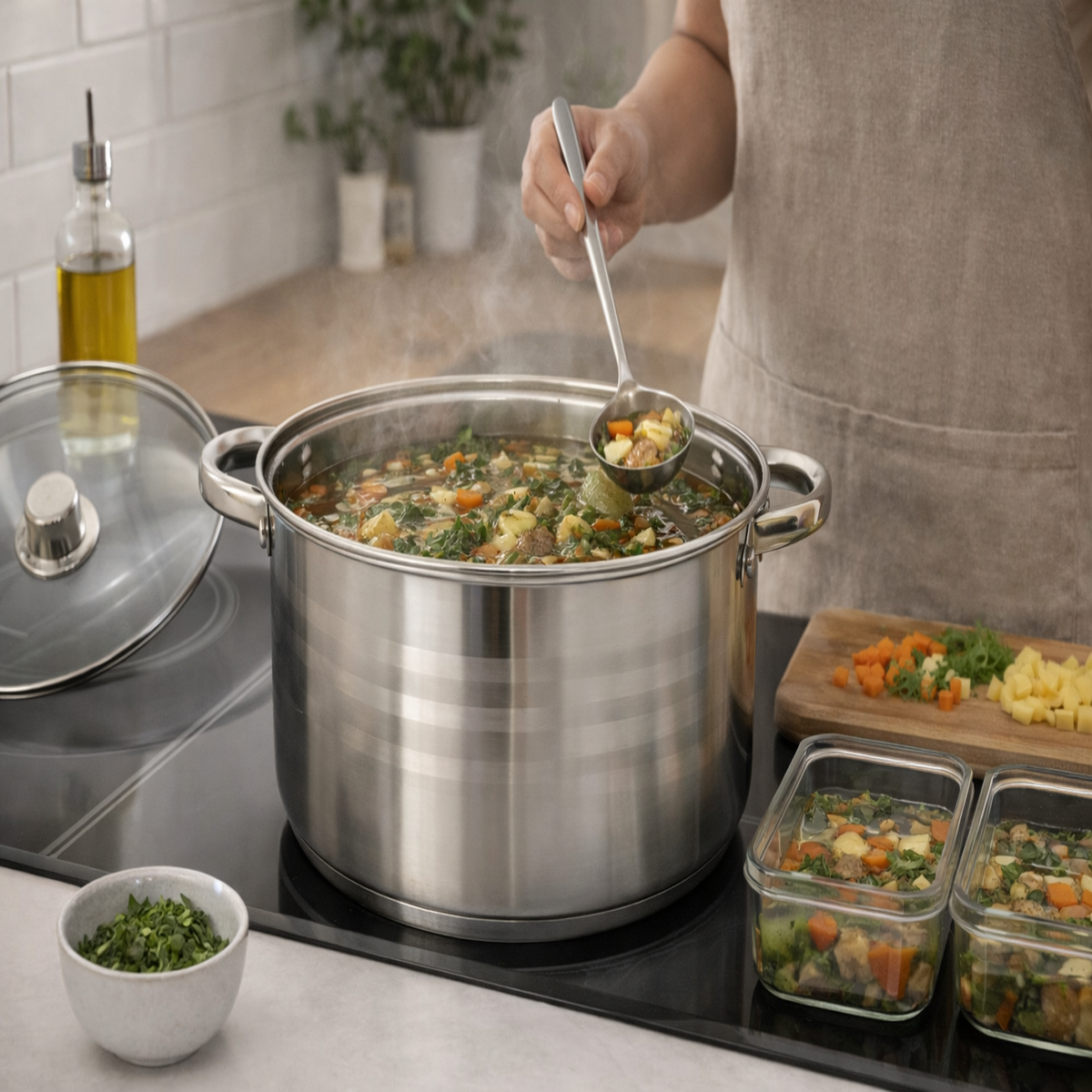 Cratita Inox 5.8 Litri, 26 x 11 cm, Capac din Sticla Termorezistenta