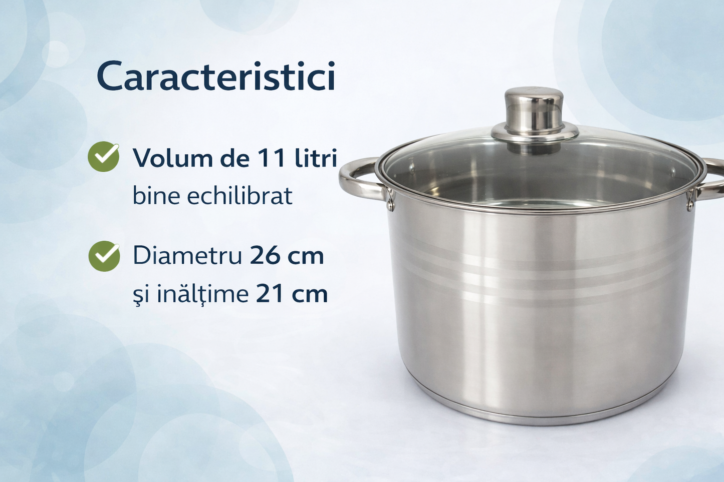 Oala Inox 11 Litri, 26 x 21 cm, Capac din Sticla Termorezistenta