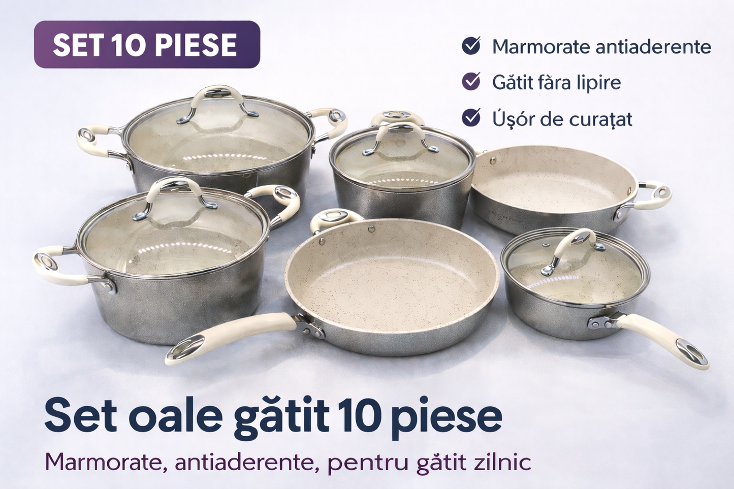 Set Oale Marmorate 10 Piese, Antiaderente, Capace Sticla, Gatit Complet