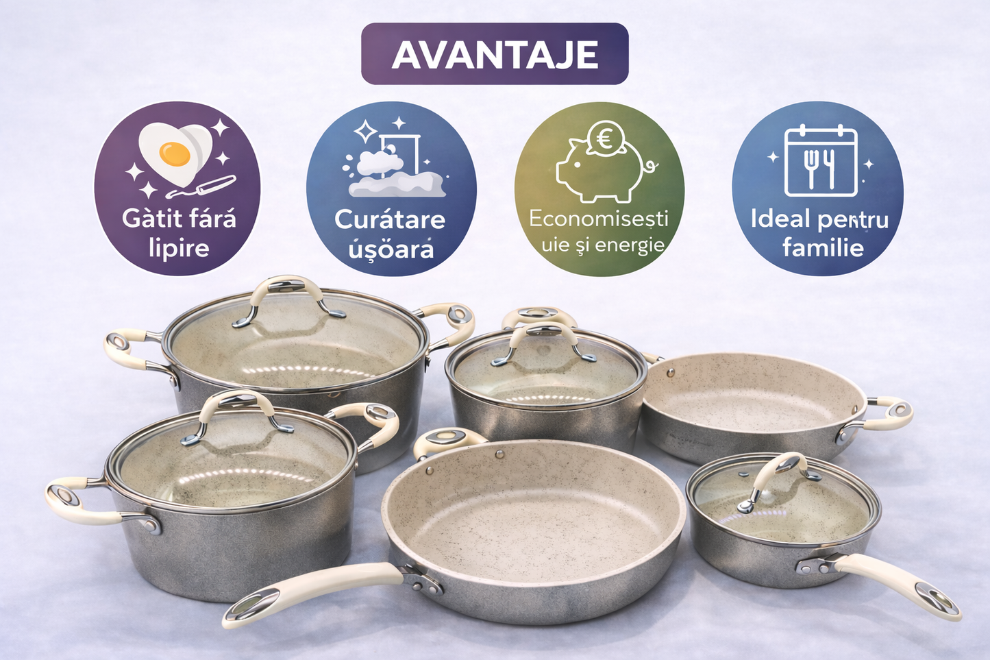 Set Oale Marmorate 10 Piese, Antiaderente, Capace Sticla, Gatit Complet