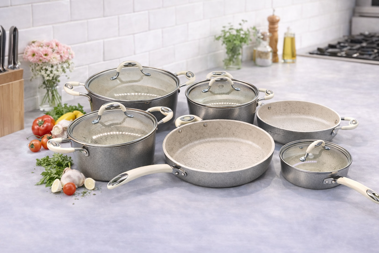 Set Oale Marmorate 10 Piese, Antiaderente, Capace Sticla, Gatit Complet