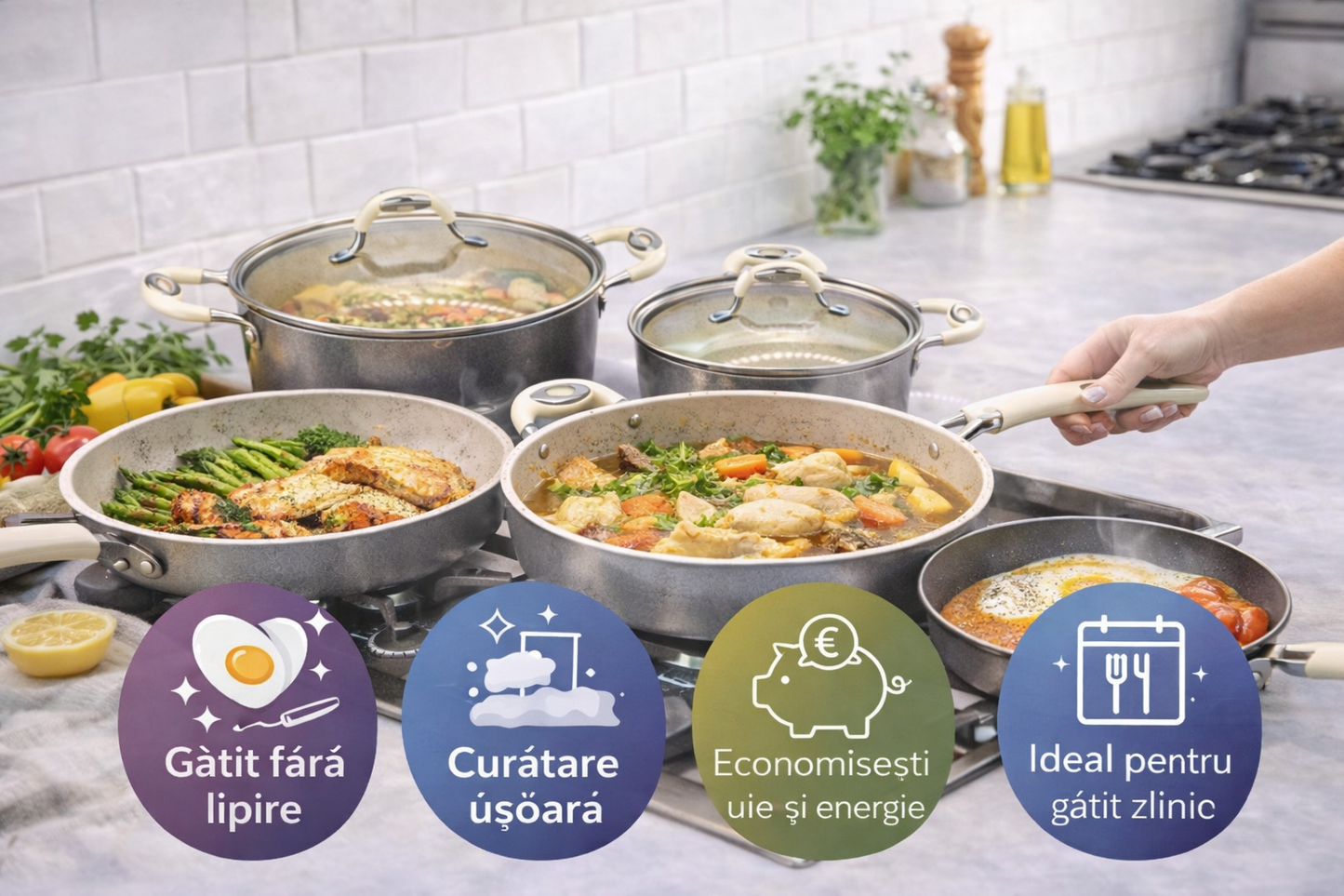 Set Oale Marmorate 10 Piese, Antiaderente, Capace Sticla, Gatit Complet