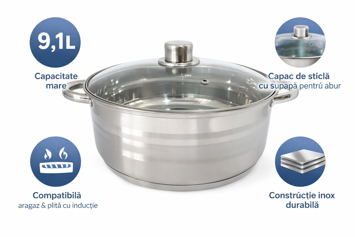 Cratita Inox 9.1L cu Capac Sticla Termorezistenta, Pentru Gatit Zilnic