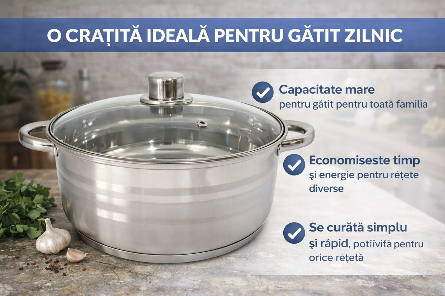 Cratita Inox 9.1L cu Capac Sticla Termorezistenta, Pentru Gatit Zilnic