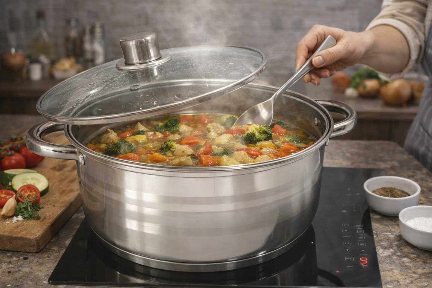 Cratita Inox 9.1L cu Capac Sticla Termorezistenta, Pentru Gatit Zilnic