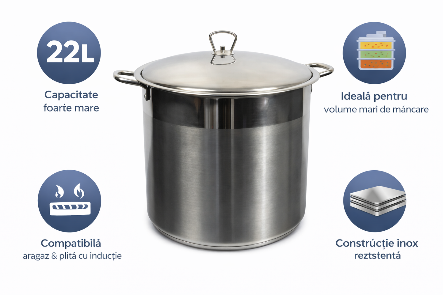 Oala Inox 22L cu Capac, Pentru Supe, Ciorbe si Gatit Volum Mare
