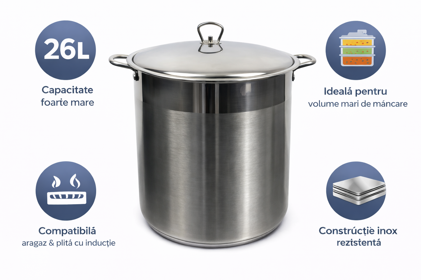 Oala Inox 26L cu Capac, Pentru Supe, Ciorbe, Sarmale si Gatit Volum Mare