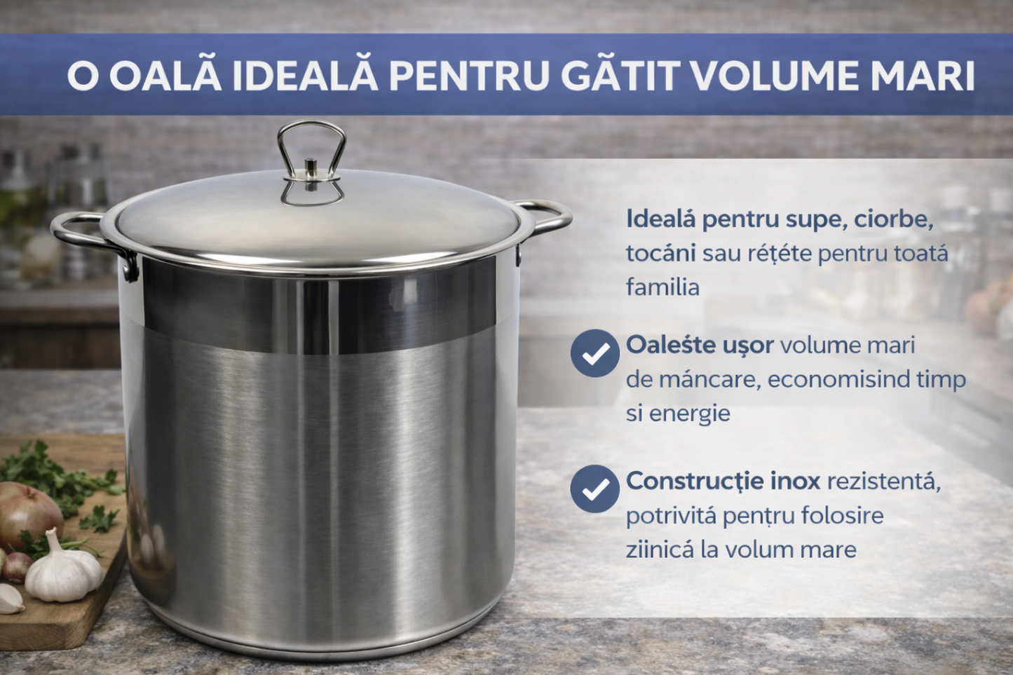 Oala Inox 26L cu Capac, Pentru Supe, Ciorbe, Sarmale si Gatit Volum Mare