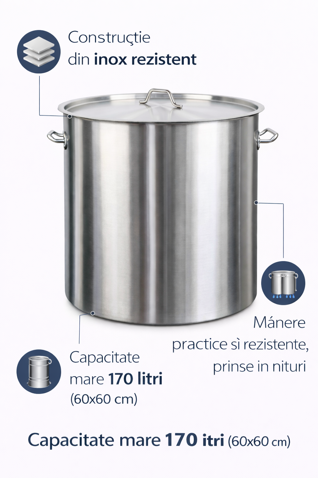 Oala Profesionala Inox 170L, 60x60 cm, Capac Inclus, Horeca