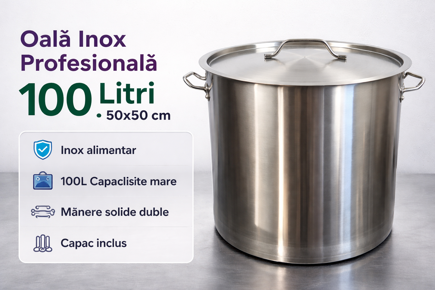 Oala Profesionala Inox 100L, 50 x 50 cm, Capac Inclus, Horeca Catering
