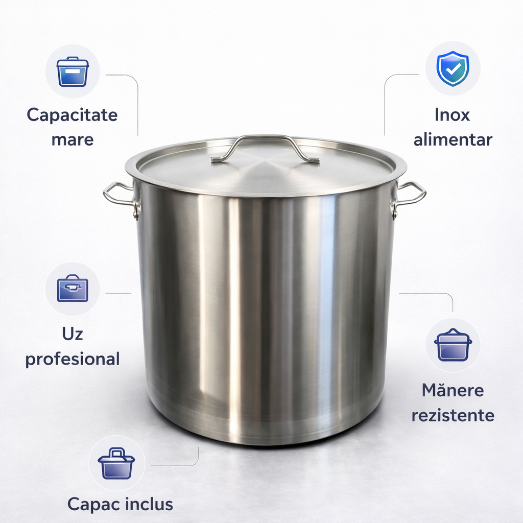 Oala Profesionala Inox 100L, 50 x 50 cm, Capac Inclus, Horeca Catering