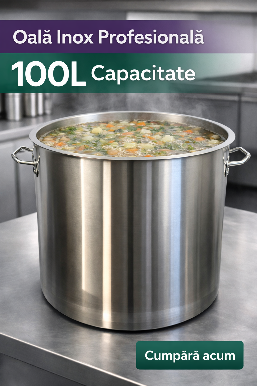Oala Profesionala Inox 100L, 50 x 50 cm, Capac Inclus, Horeca Catering