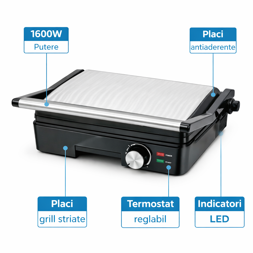 Sandwich Maker Grill 1600W, Placi Antiaderente, Termostat Reglabil, Inox