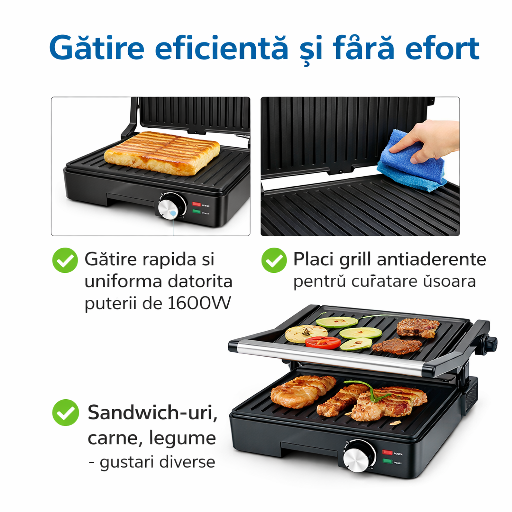 Sandwich Maker Grill 1600W, Placi Antiaderente, Termostat Reglabil, Inox