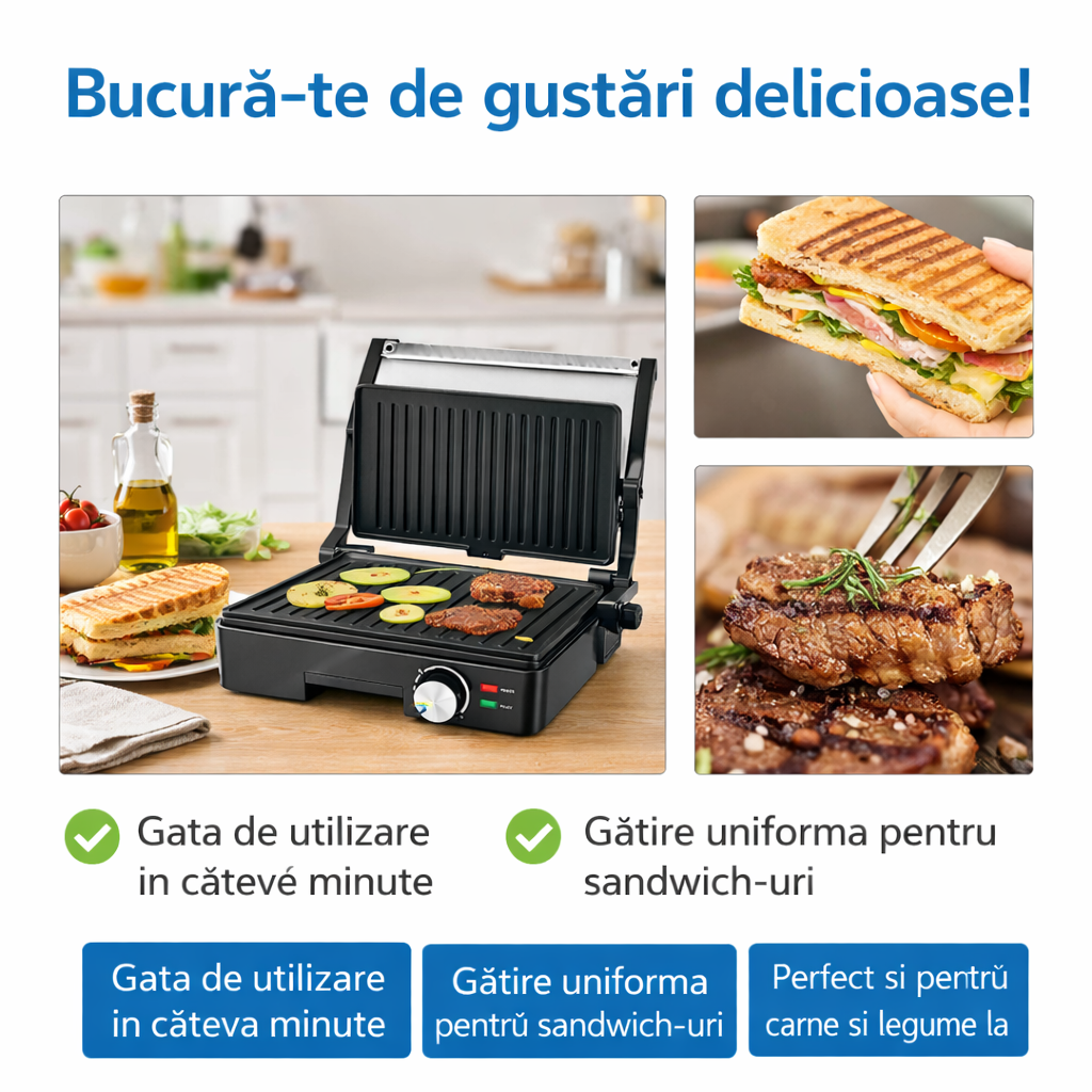 Sandwich Maker Grill 1600W, Placi Antiaderente, Termostat Reglabil, Inox