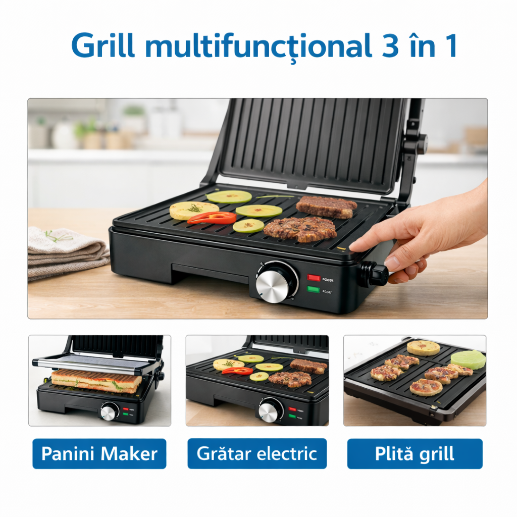 Sandwich Maker Grill 1600W, Placi Antiaderente, Termostat Reglabil, Inox
