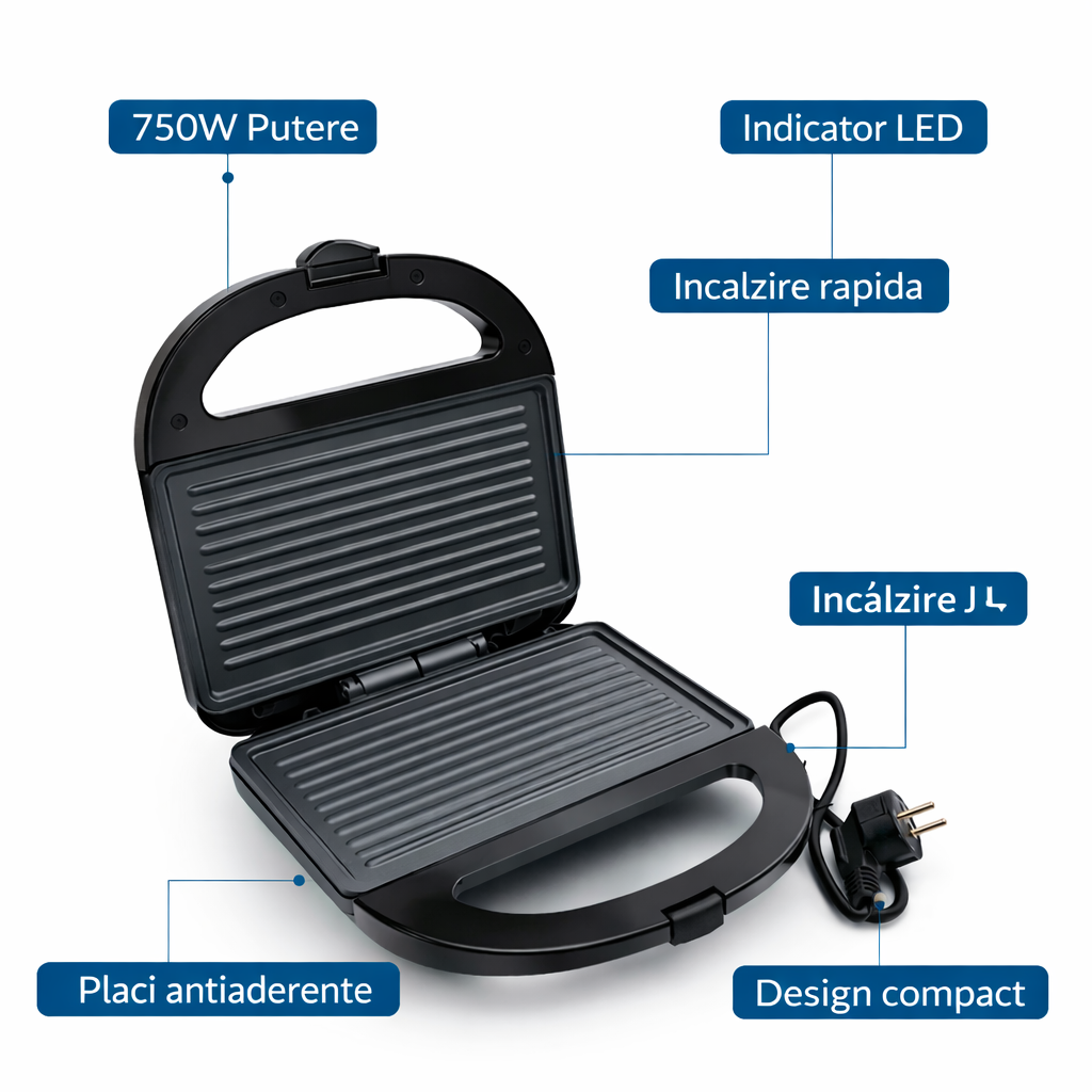 Sandwich Maker 750W, Placi Grill Antiaderente, Compact si Usor de Folosit