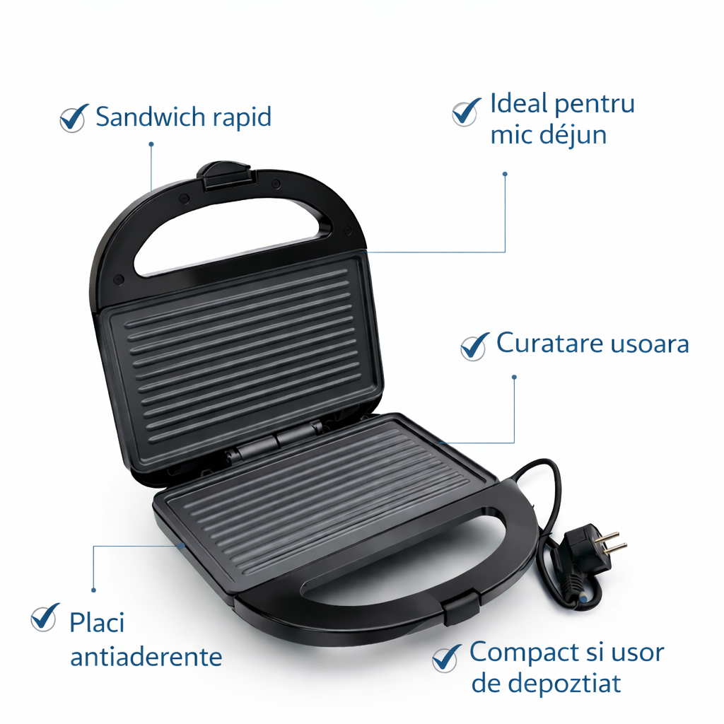 Sandwich Maker 750W, Placi Grill Antiaderente, Compact si Usor de Folosit