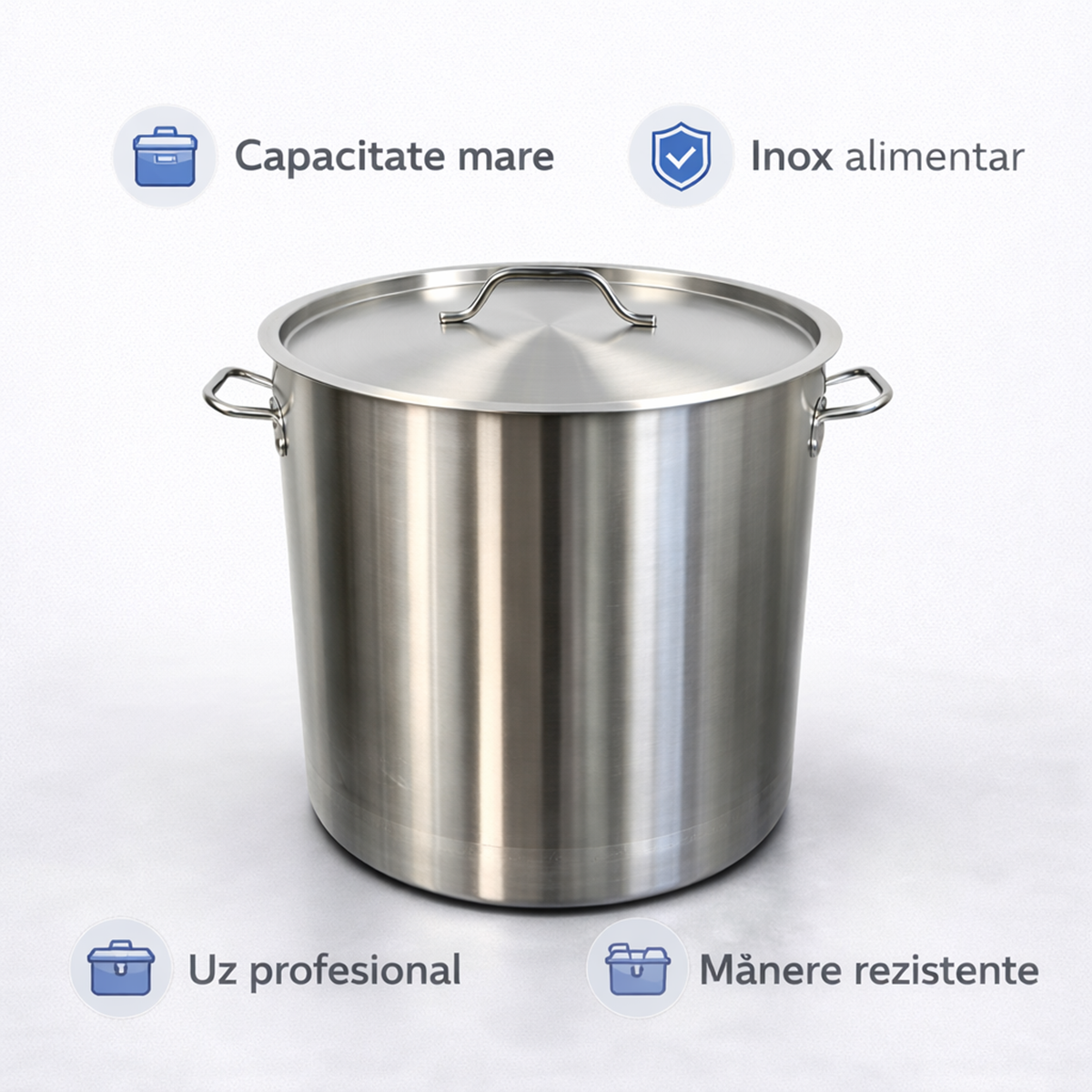 Oala Inox Profesionala 70L cu Capac, 45x45 cm, Inox Alimentar, Pentru Gatit Volum Mare